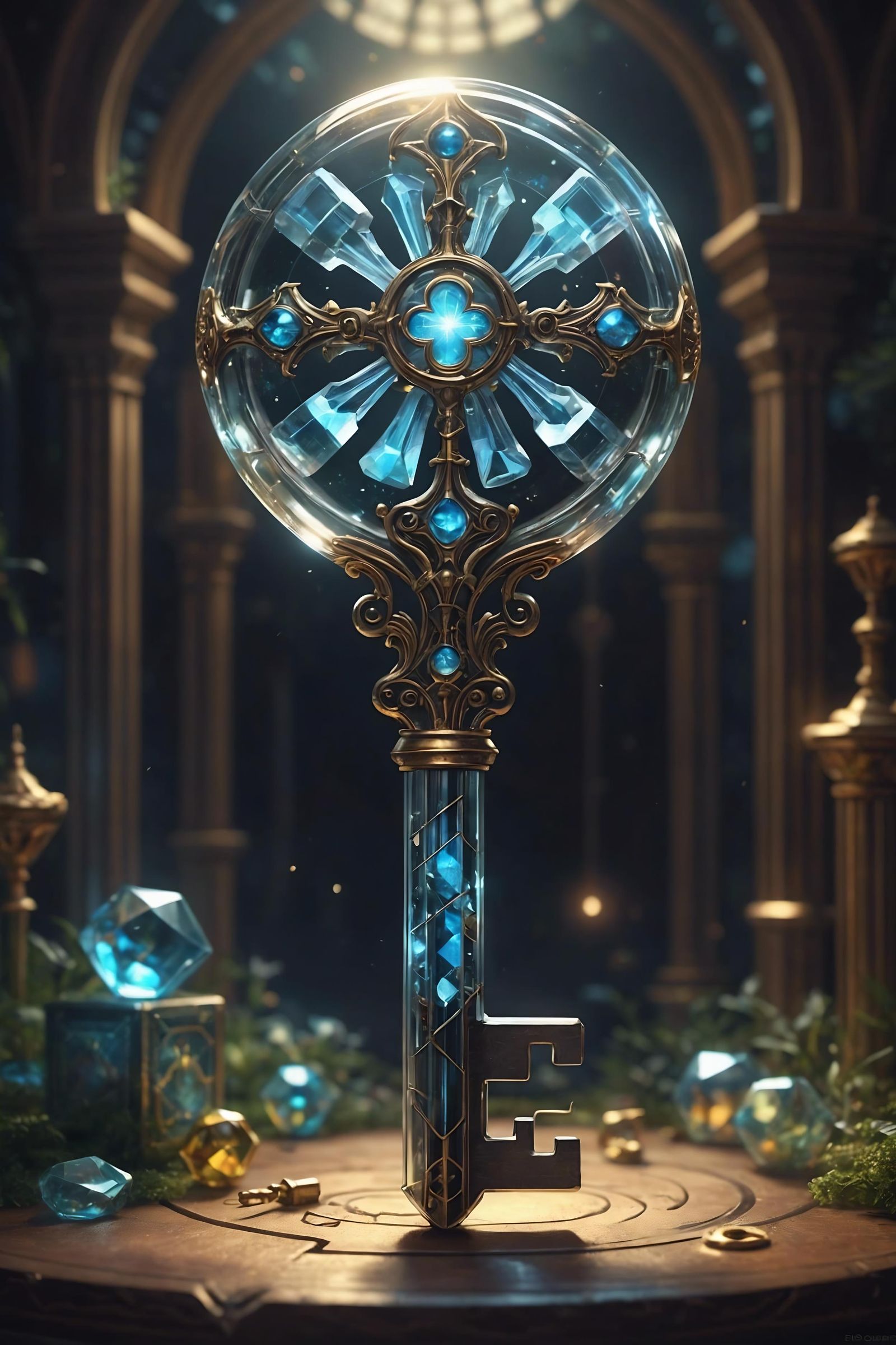 Aa digital painting of a fully transparent key with a small glass tesseract end.  by @Kuris