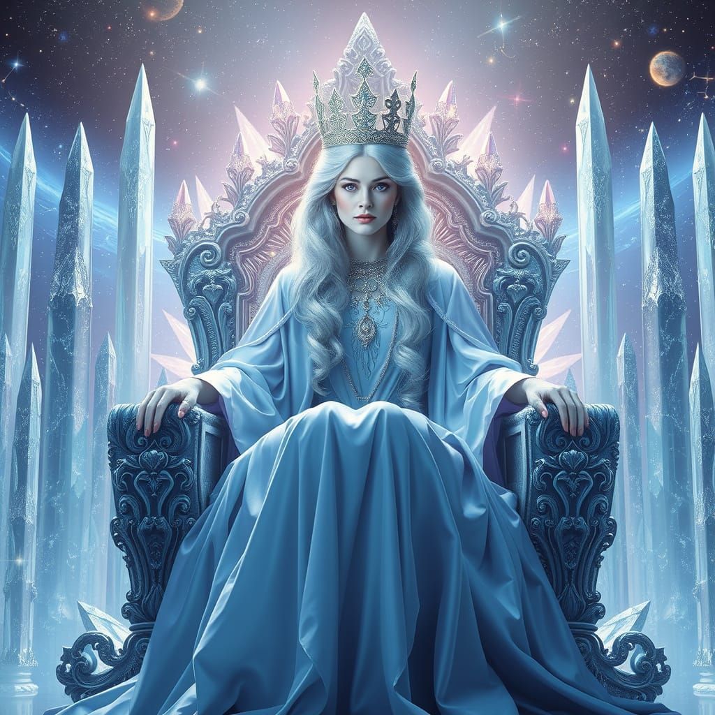 A celestial queen, draped in flowing iridescent robes, sits upon a ...