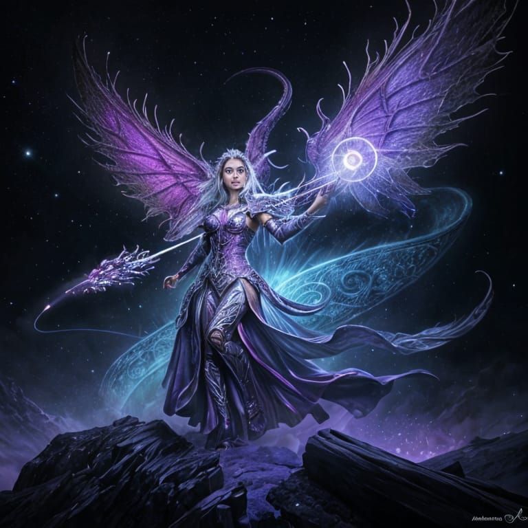 Purple dragon flying through the clouds while silver mist comes out of the dragons mouth. A woman with silver hair and dark brown skin rides...