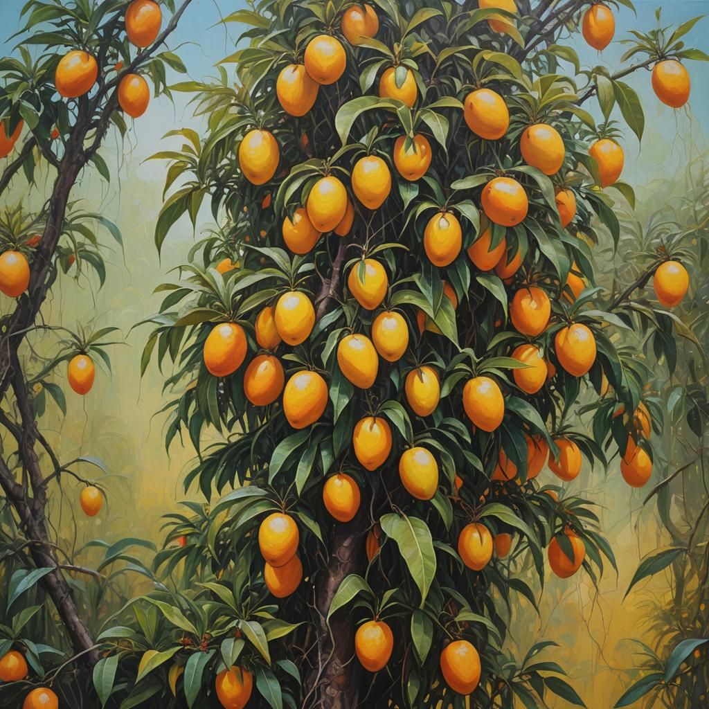 Mango Oil Painting in Romantic Dystopian Style