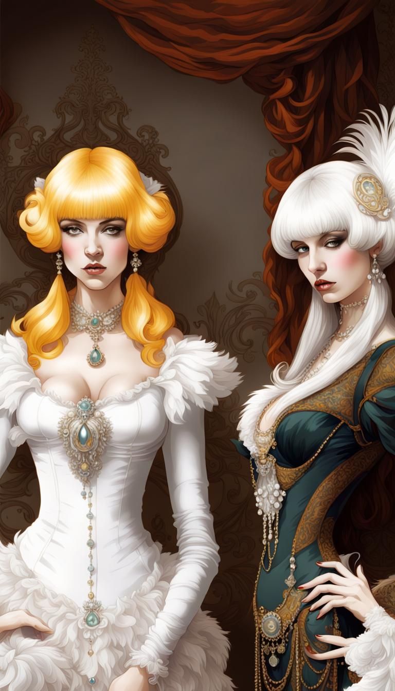 Two beautiful fantasy rococo style ladies, big white wigs wi...
