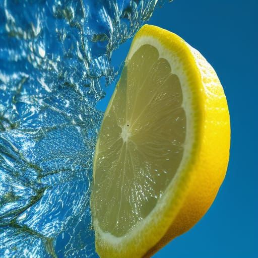 hyperrealistic, macro photograph of lemon slices being dropp...