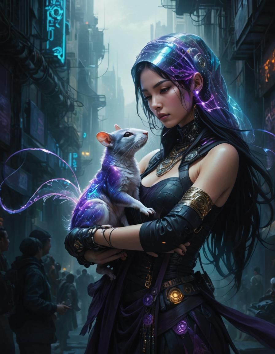 Cypunk streetshaman conferring with her ratspirit familiar  by @Thordis Alfstein