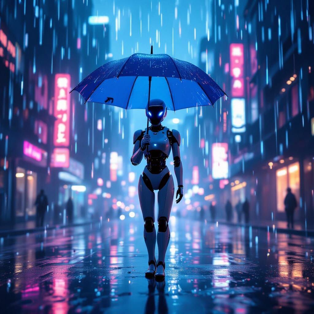 A lone humanoid robot holding a blue umbrella under digital rain, neon city at night, soft glow, cinematic lighting, fut...