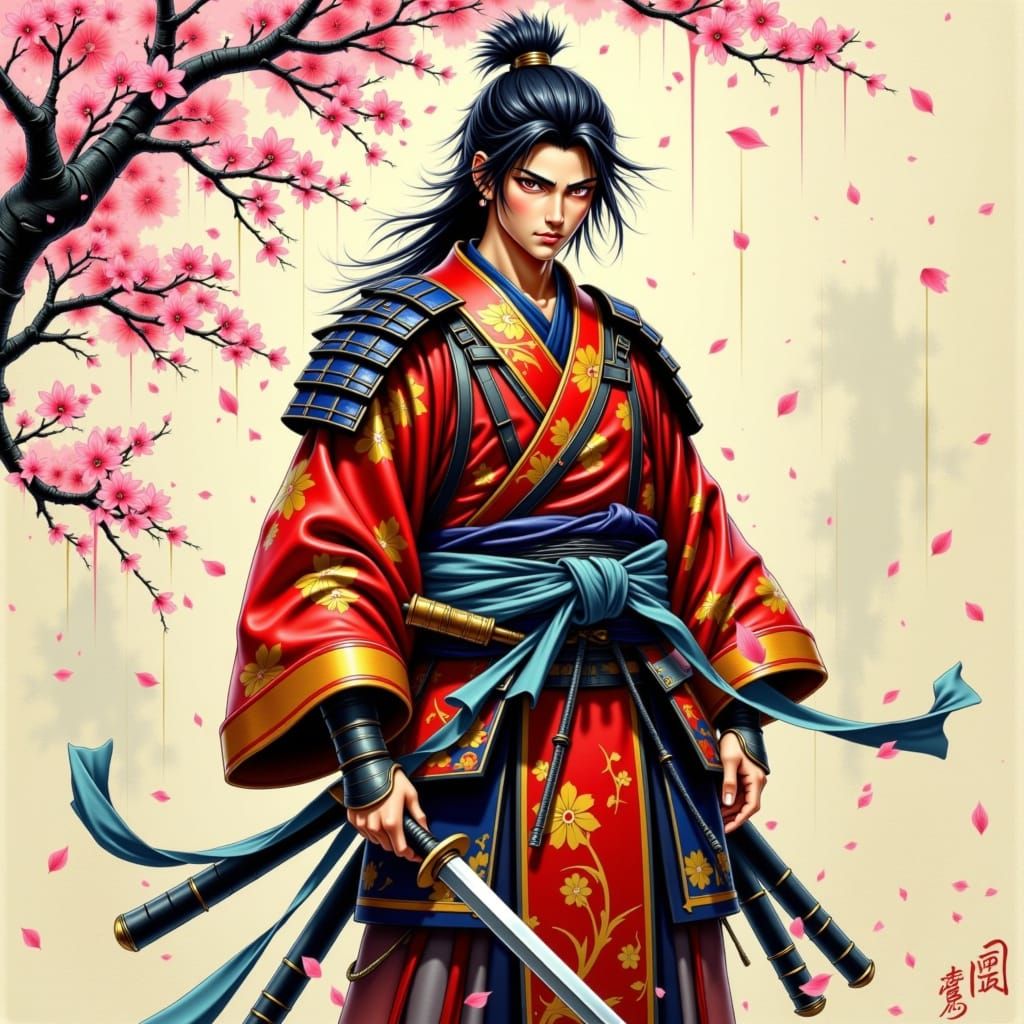 Samurai warrior in traditional armor, wearing a intricately designed kimono, standing amidst delicate cherry blossoms, petals gently falling...