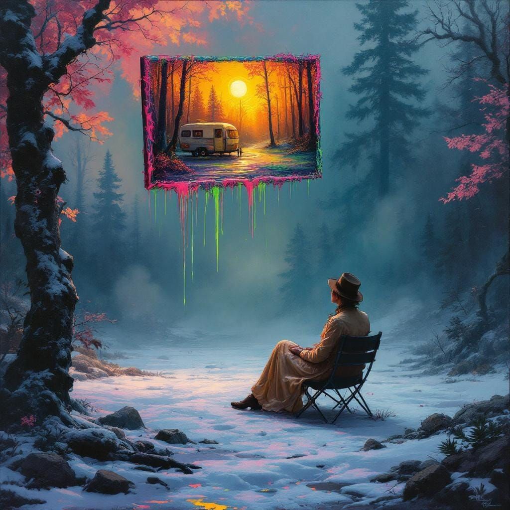 In the heart of an unearthly forest drenched in darkness, a solitary campsite glows with unnatural light. Above them, a ...