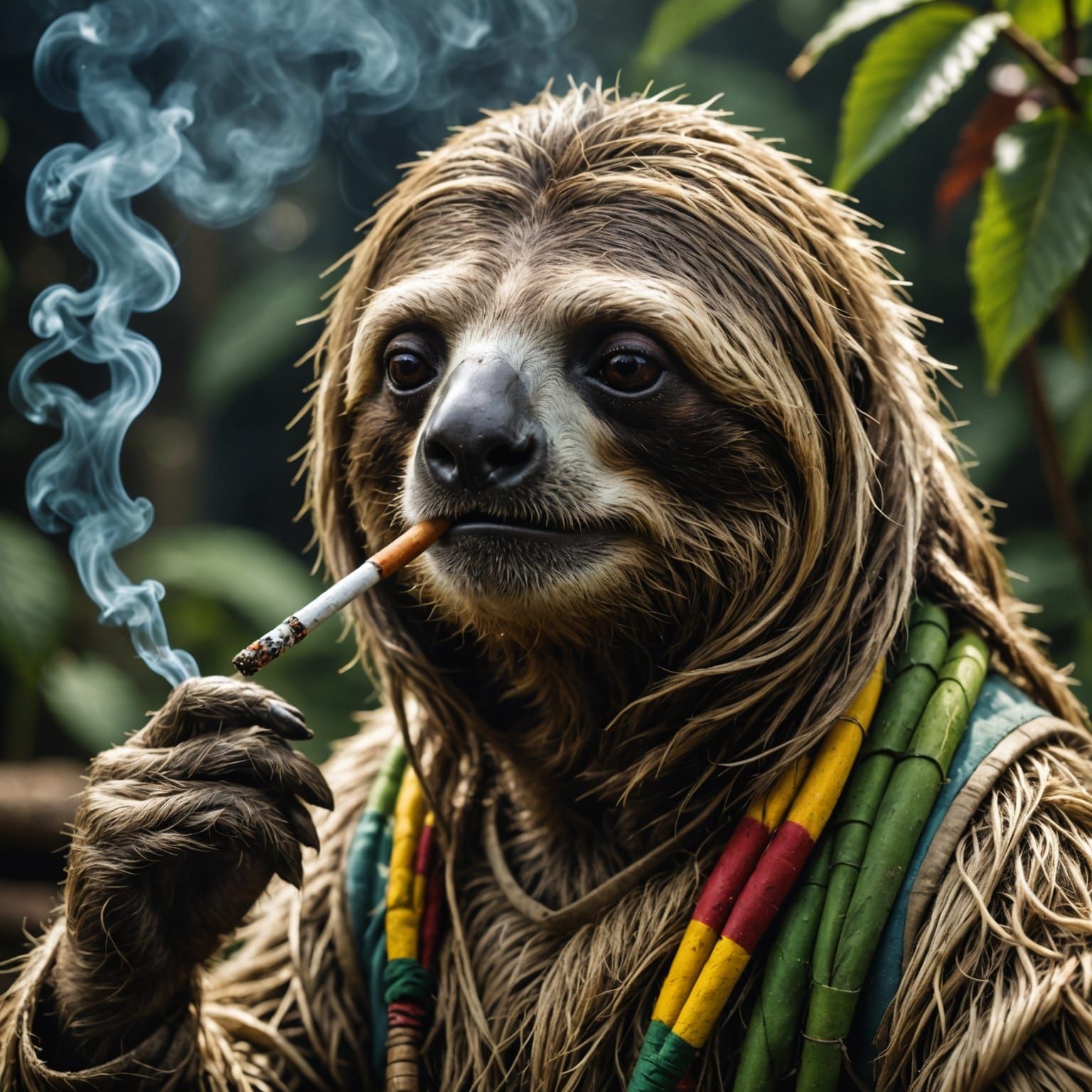 a rastafarian sloth smoking a doobie