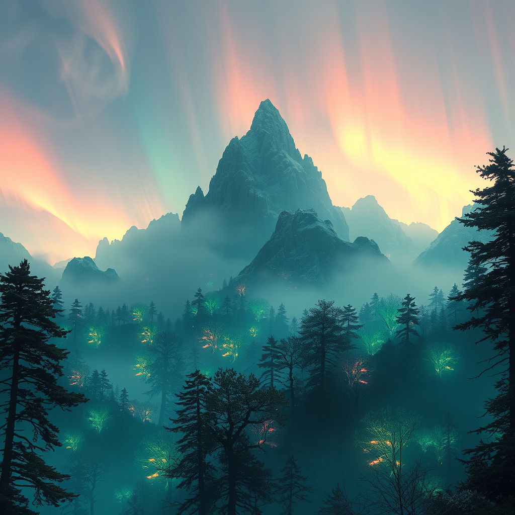 Ethereal Fantasy Realm: Aurora-Lit Landscape