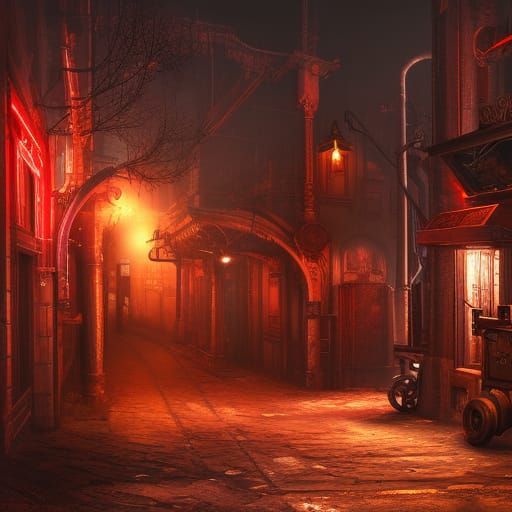 Backstreet of steam punk red light bar district