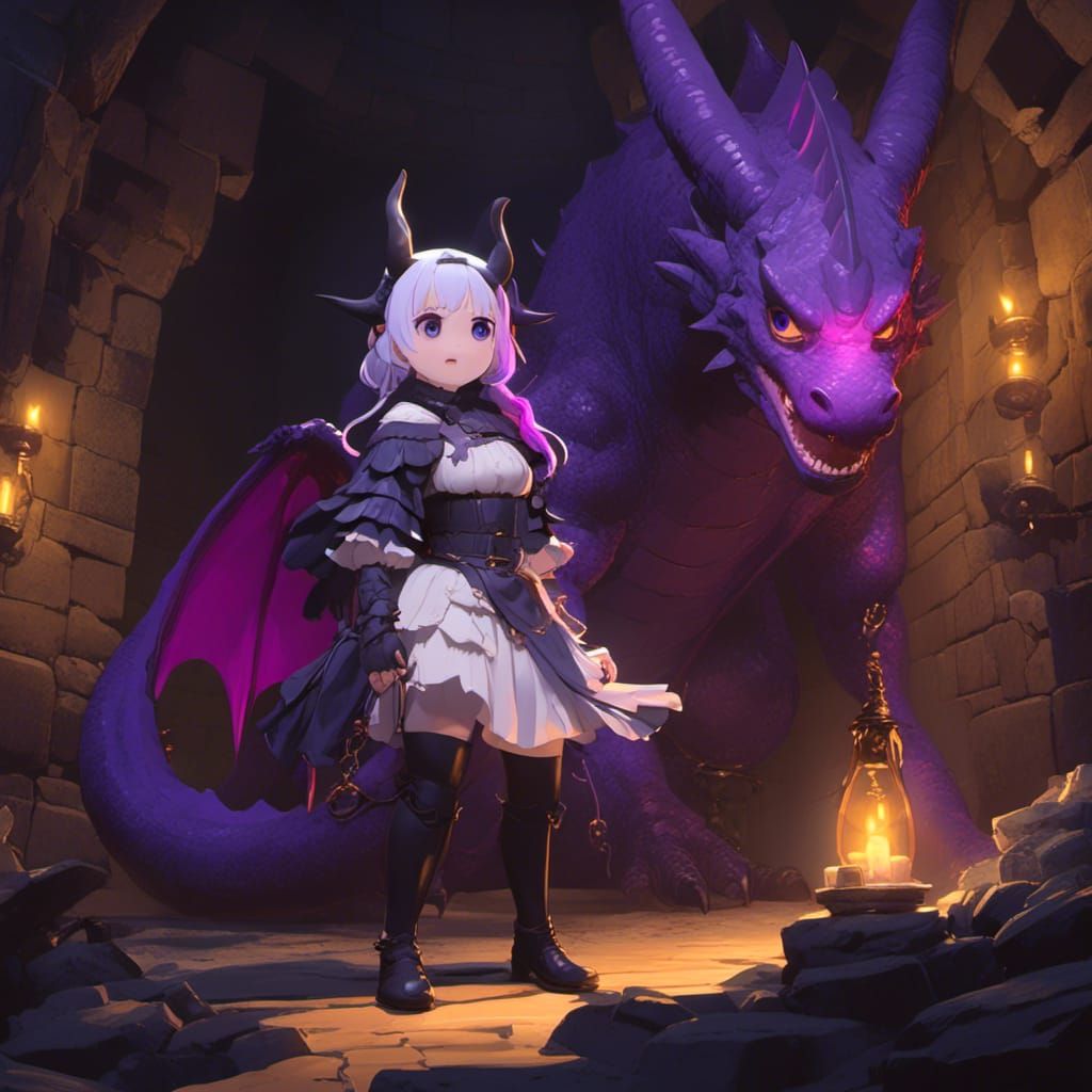 lora:Kanna Kamui:1.0> a dragon in a dungeon surprising a scared adventurer  - AI Generated Artwork - NightCafe Creator