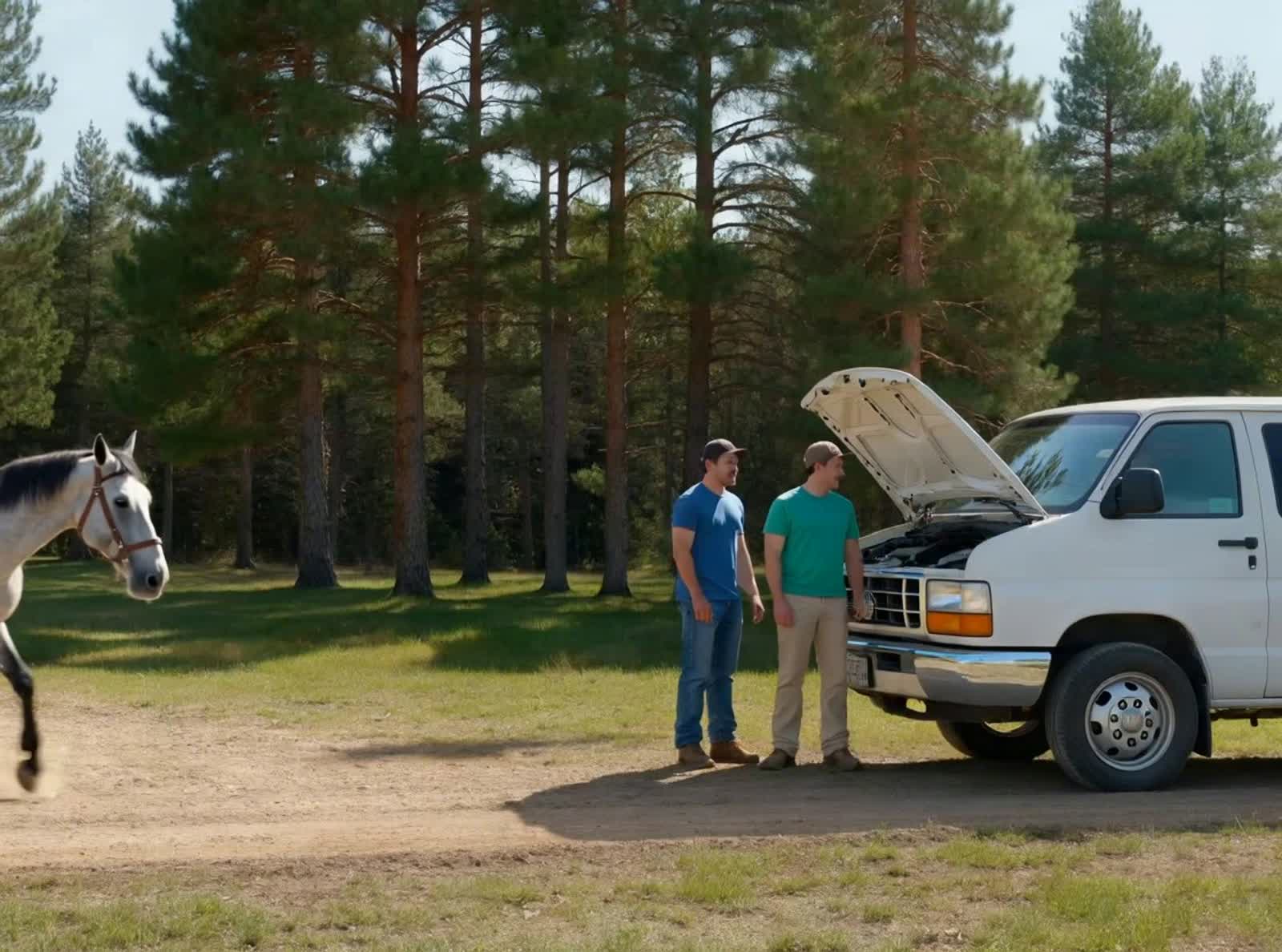 Two men in their late twenties, one in blue jeans and a blue T-shirt, the other in ochre pants and a green T-shirt stand...