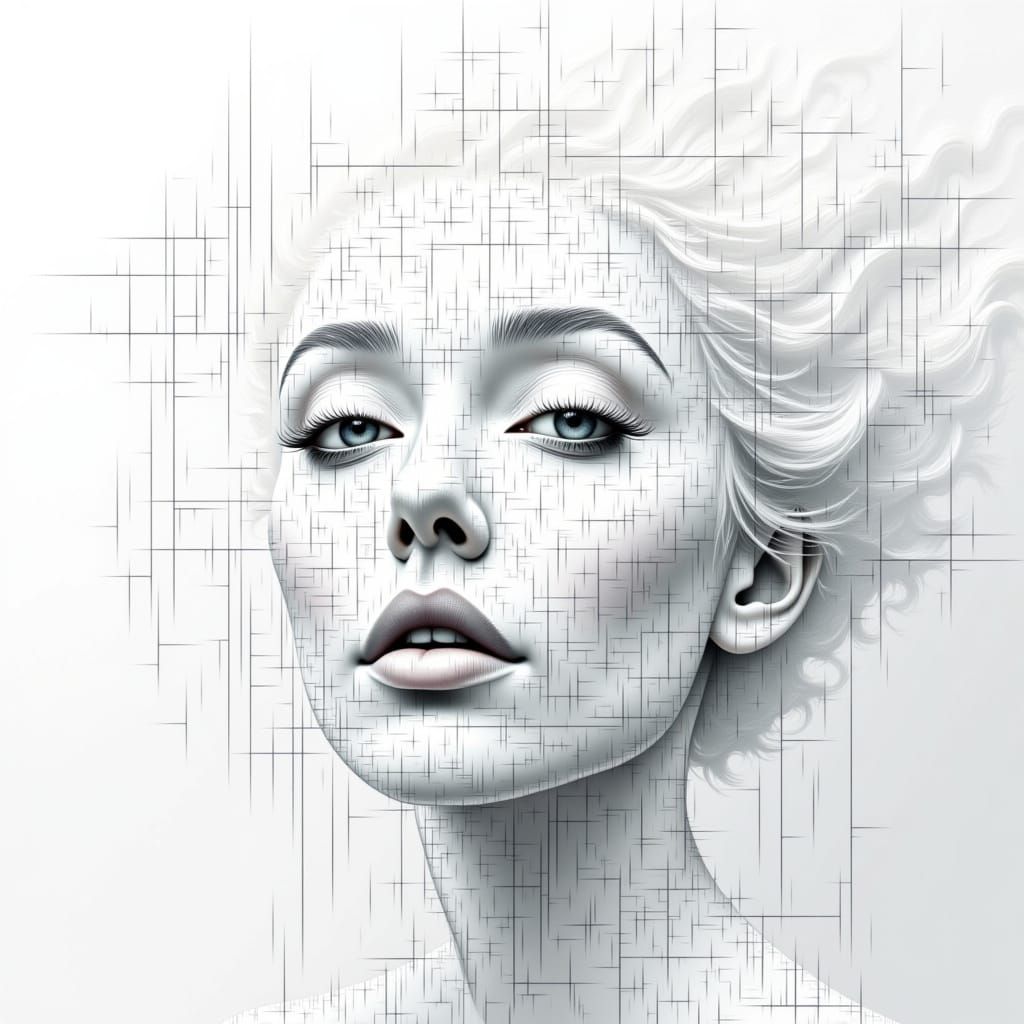 <lora:white world:1.0> raster grid white surrealism. drawn with oblique lines and a raster grid, in a graphic style that combines digital an...