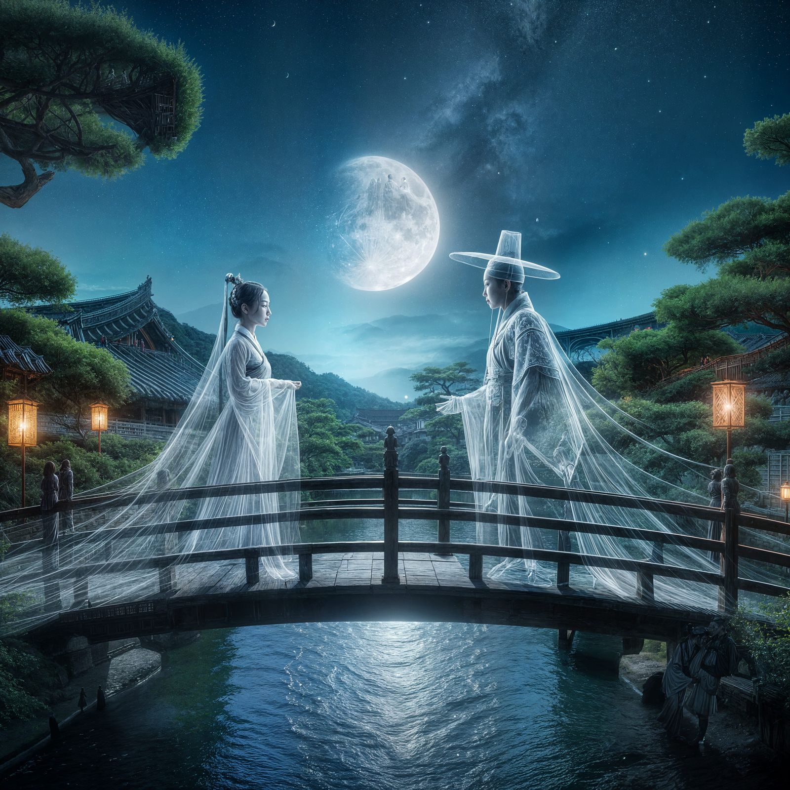 Two transparent ghostly figures meeting at night on a wooden...