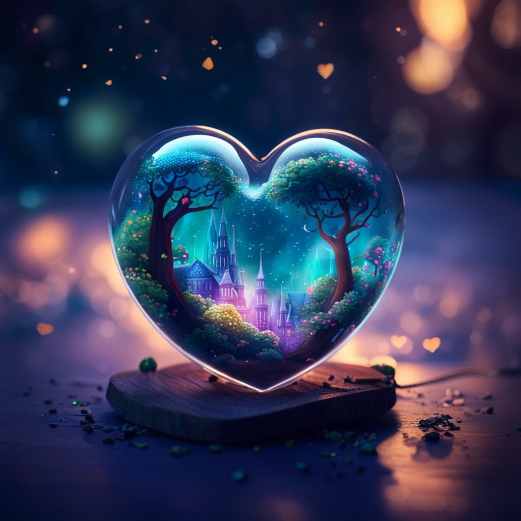 Miniature si-fi magical fantasy world inside a glass Hheart
