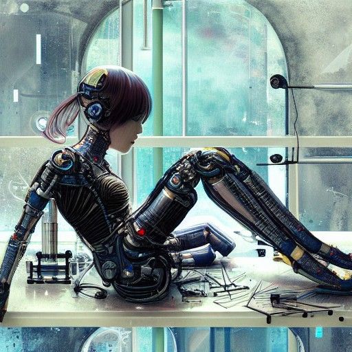 "Cute carbon fiber cyborg girl with transparent prosthetics,...