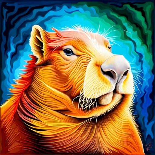 "Create a charming and colorful portrait of a playful capyba...