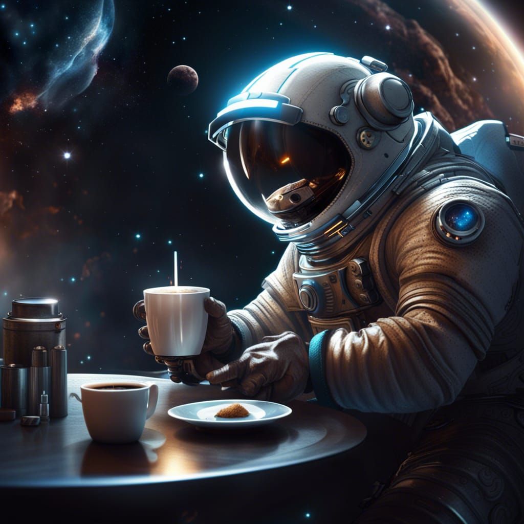 spaceman ordering a coffee in space