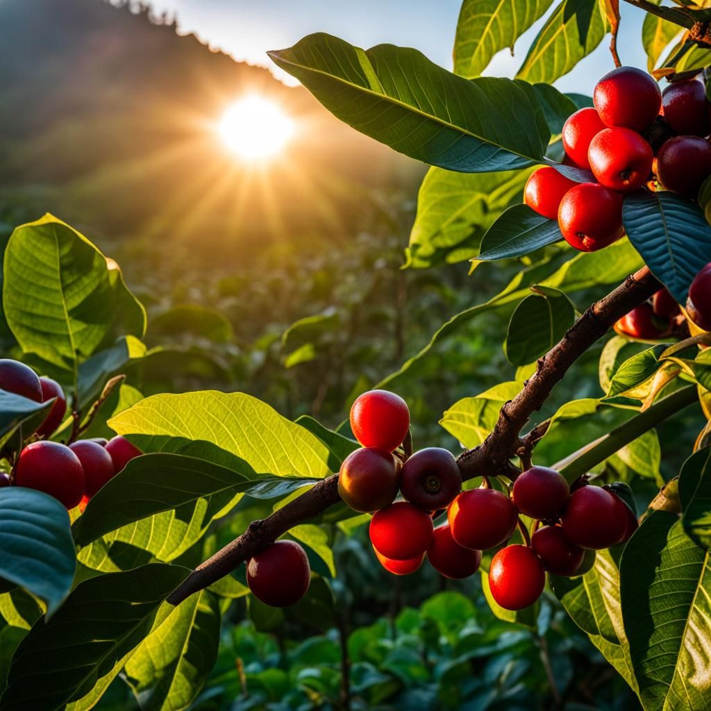 The sun rising through the coffee fruits in the coffee field AI