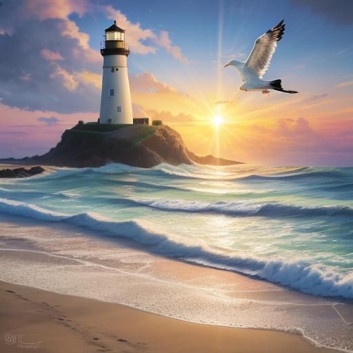 Stunning realistic beach sunset, clouds and sunlight overhea...