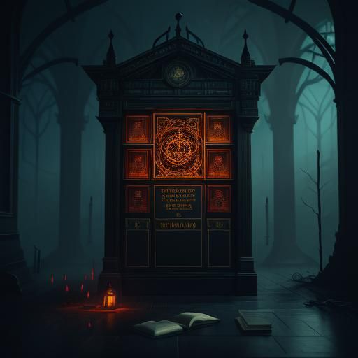 lectern displaying necronomicon, inside library, eerie glow