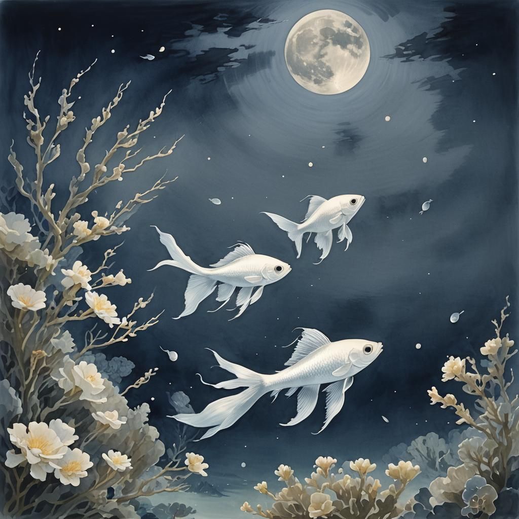 Hairtail Fish Swim Under Moonlight: Neo-Impressionist Painti...
