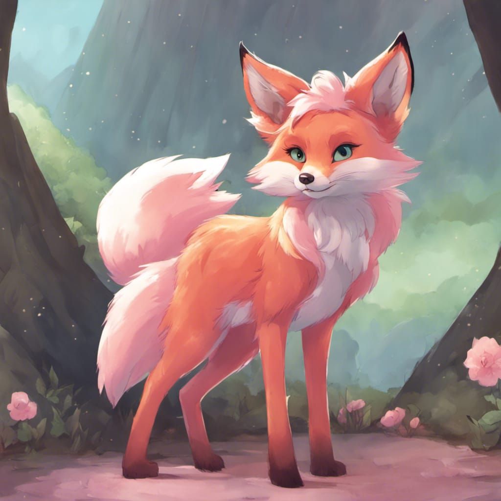 A furry female fox cute standing Her first color of the fur is brown ...