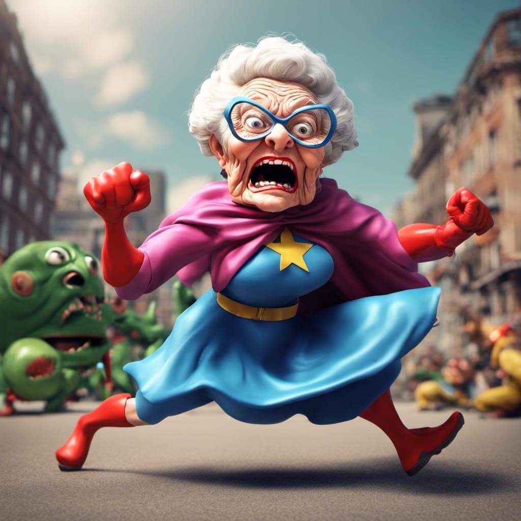 Superhero granny fighting the Aliens - AI Generated Artwork - NightCafe ...