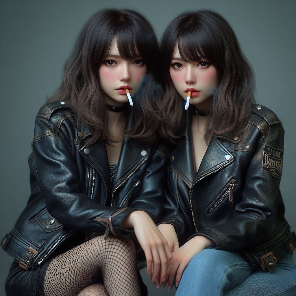 Japanese punk girls smoking in leather