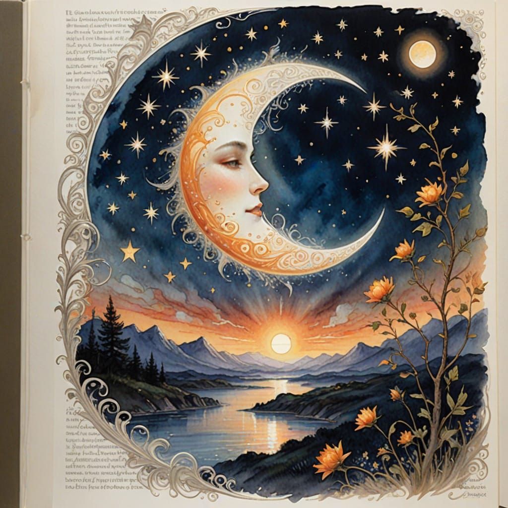 Whimsical Sunset Moonlit Notebook Page