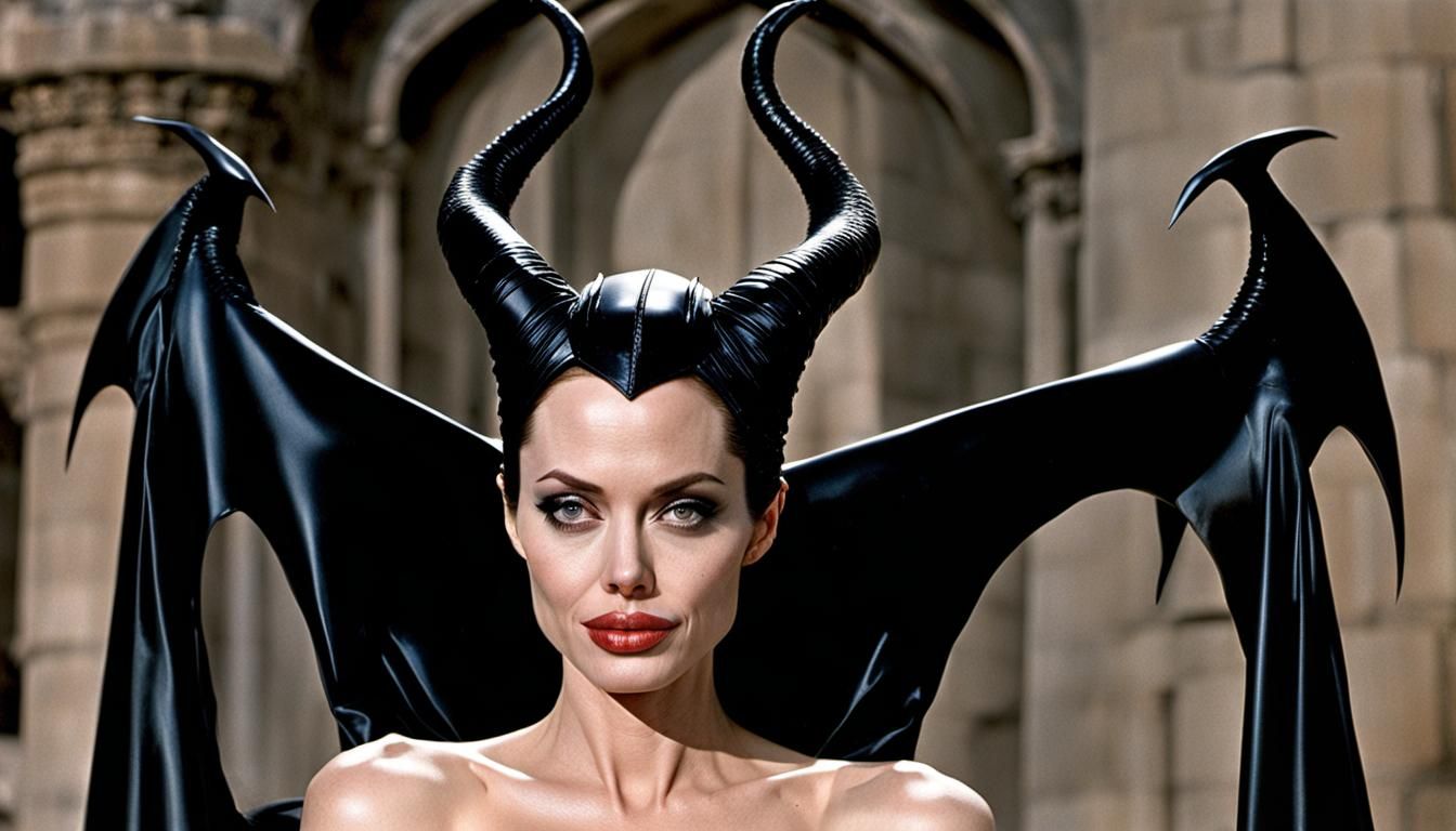 young Angelina Jolie dressed as a Latex Maleficent on her castle revered by  maids - AI Generated Artwork - NightCafe Creator