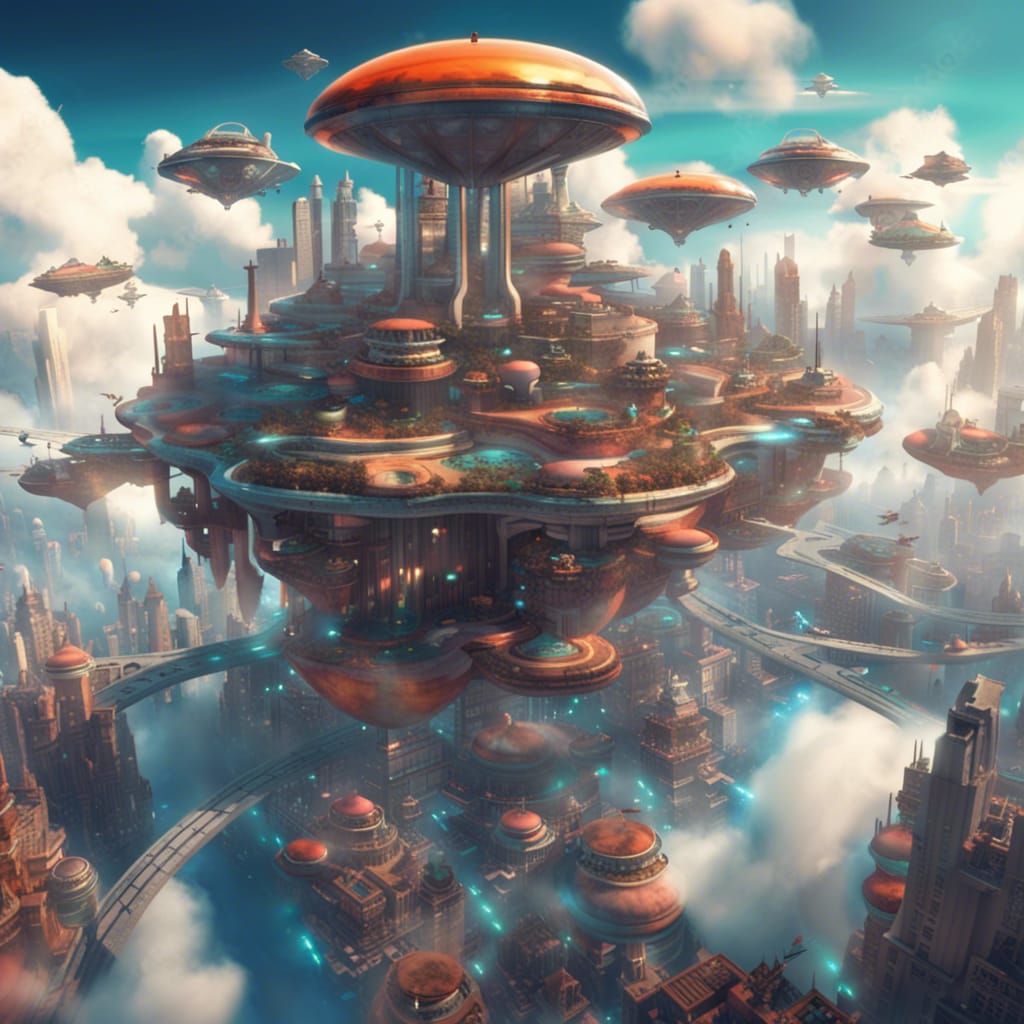 cloud city dreamy and futuristic city in the skies, floating in the clouds with flying cars and flying ...  by @David Cox