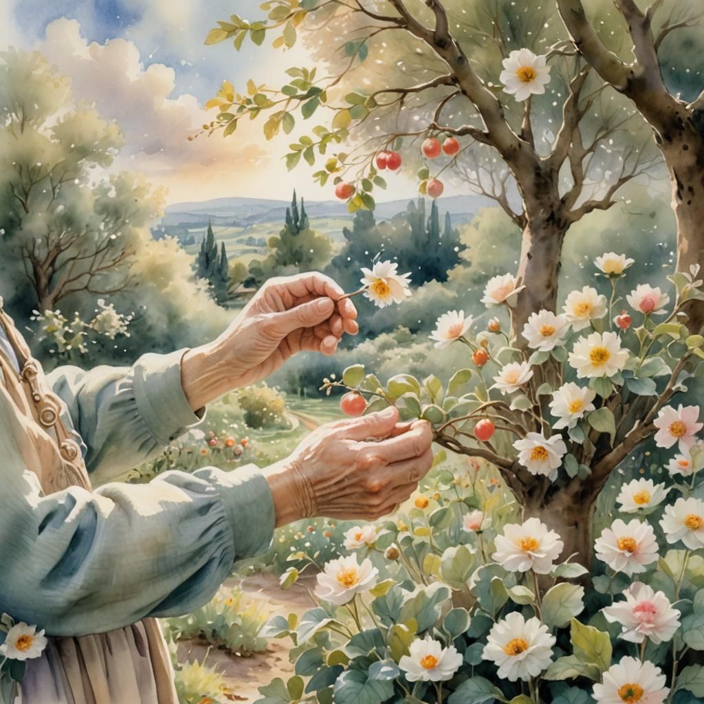 Hands Holding Gardens in Soft Watercolor Style