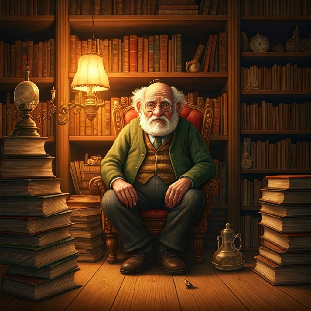Grandfather in Cozy Library, Whimsical Illustration