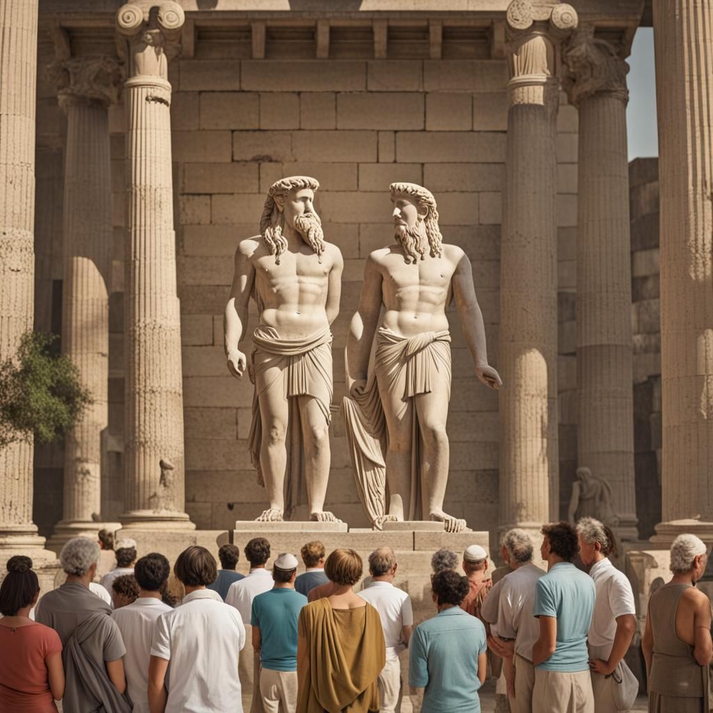 in temple, worshipers before a statue of Zeus