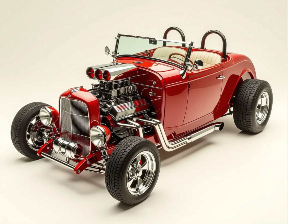Cherry red two-door roadster, open-top, no bonnet, ultra-realistic mechanical detail ::4 wide drag-style slick rear wheels ::3 thin chrome-s...