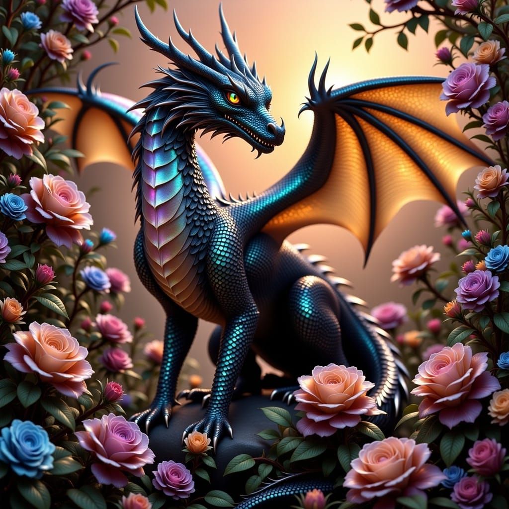 Hyperrealistic Iridescent Black Dragon in a Hyperdetailed Maximalist Magical Fantasy Rose Garden at Sunset, Volumetric Lighting <lora:Irides...