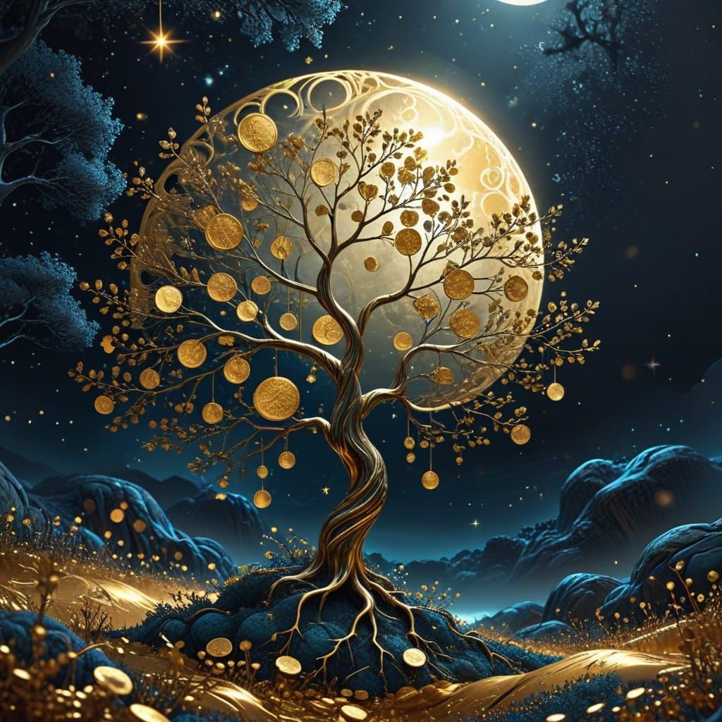 Golden Coin Tree Under a Cosmic Sky