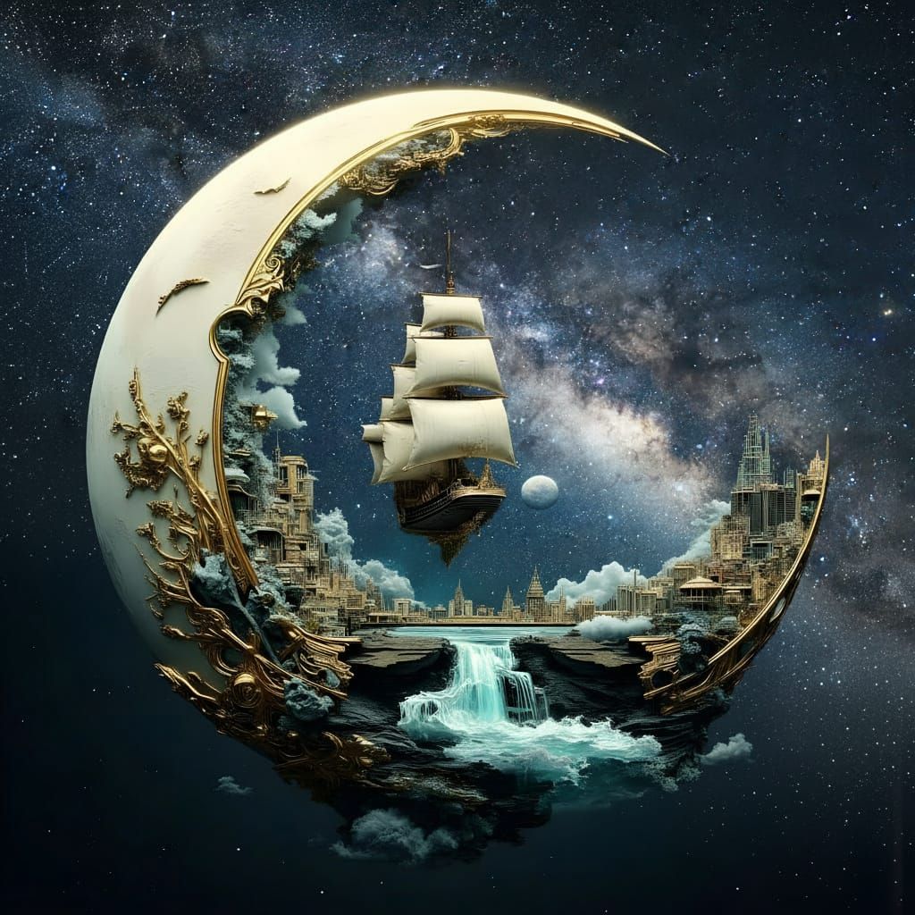 <lora:Ornate Fibonacci:1.0> <lora:Ornate:1.0>  a City resting on the crescent moon with an old fashioned sailing ship traveling down the Riv...