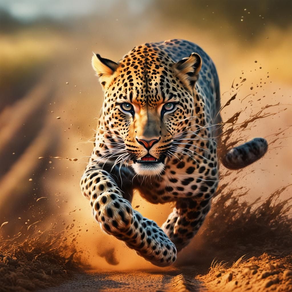 Majestical masterpiece,Hyperrealistic,leopard running on a d...