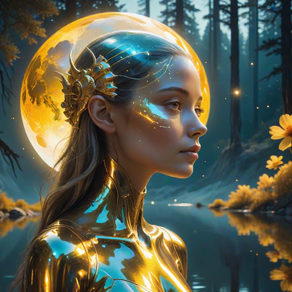 Ethereal Portrait of a Woman Amidst a Glowing Hologram Lands...