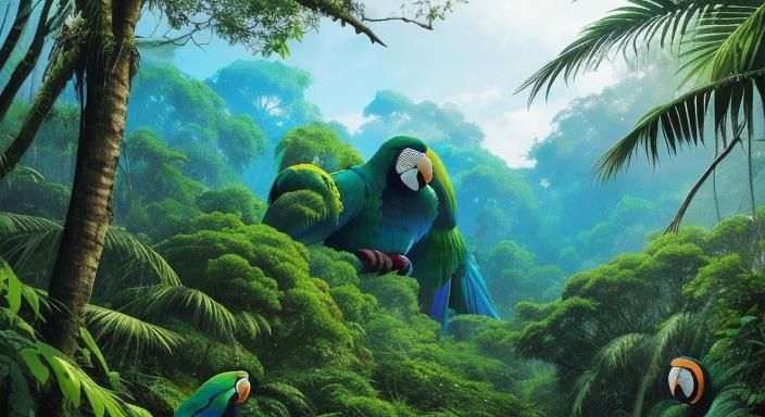 a dense jungle filled with lush vegetation and the sounds of...