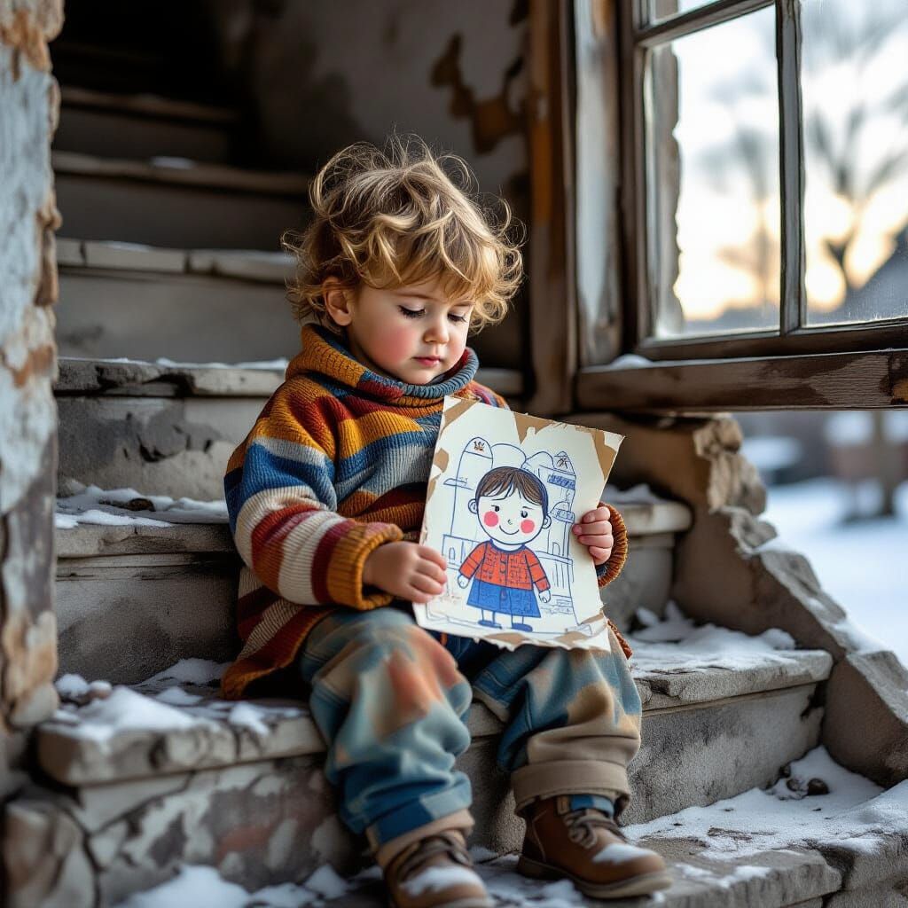 Child's Hopeful Drawing in Abandoned Home Oil Painting
