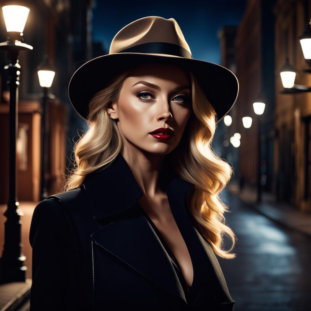Beautiful woman with long blonde:: walking up the street:: a...