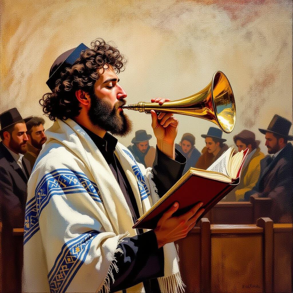 Man Blowing Shofar in Synagogue, Warm Earthy Tones