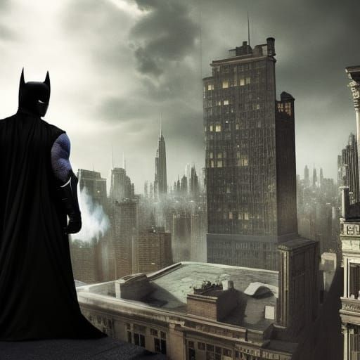 A dejected Batman smoking a cigarette on a Gotham City rooftop and fed ...