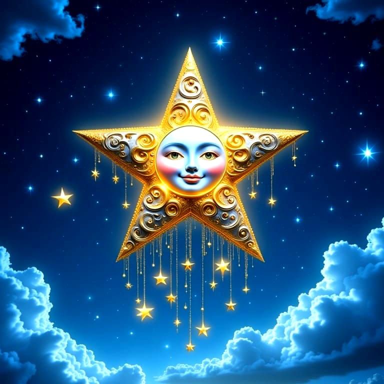 A dripping metallic smiling happy twinkling star is hanging over a hillside on a starry night, baroque, surreal, whimsy, magical, 3D HDR, de...