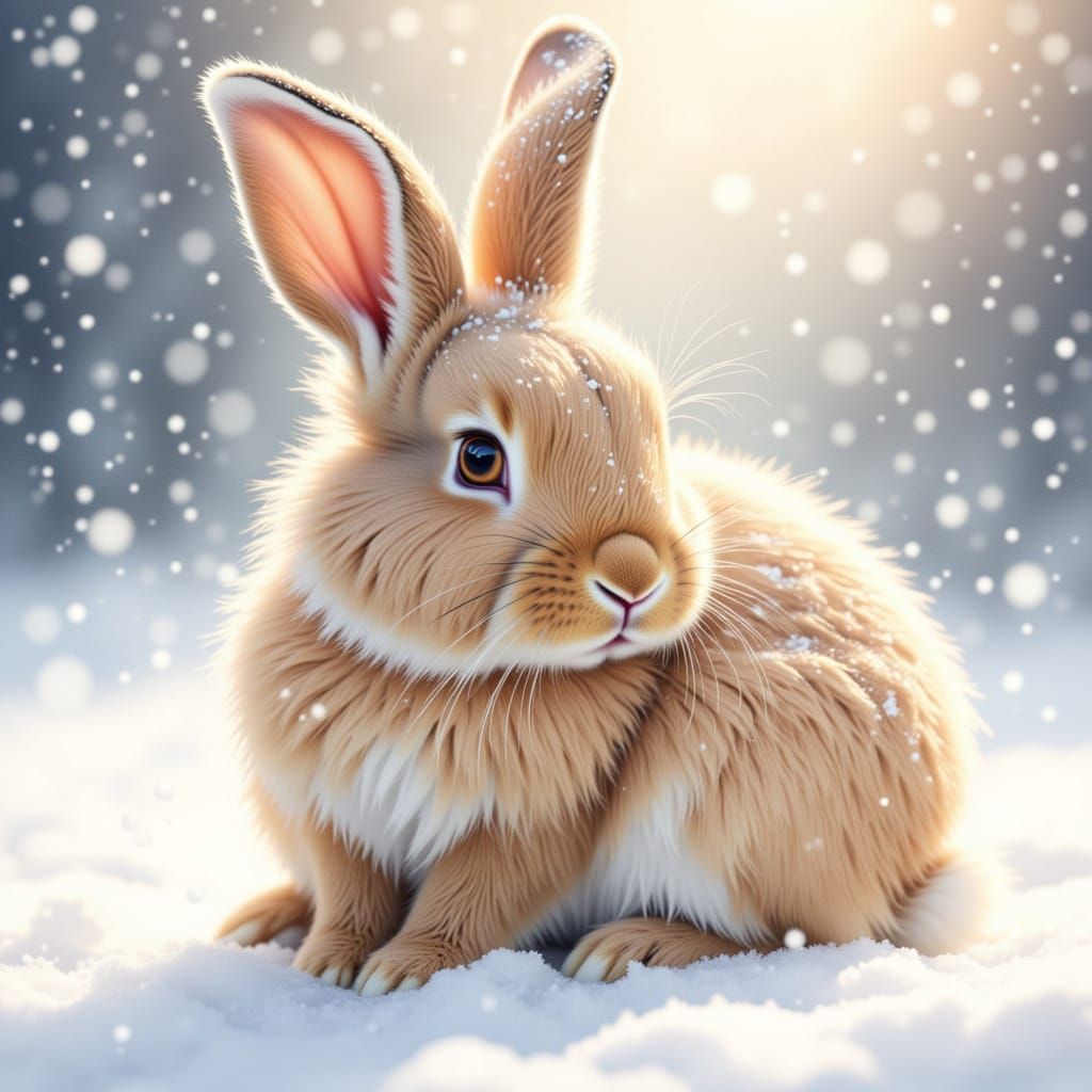 <lora:Cute Rabbits:1.0> ethereal watercolor. Medium shot. A cute baby rabbit with long fur cuddles in the snow. Many snow sprays fly in the...
