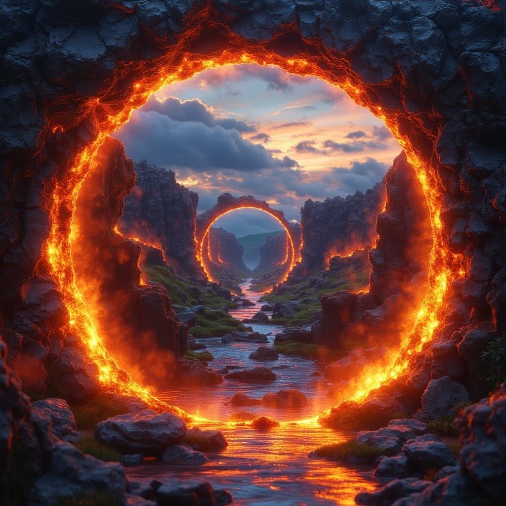 <lora:MJ6-1 Portals:1.0> Fire Ring Portal: A fiery ring that appears in the air, leading to a realm of flame and molten landscapes, by artis...