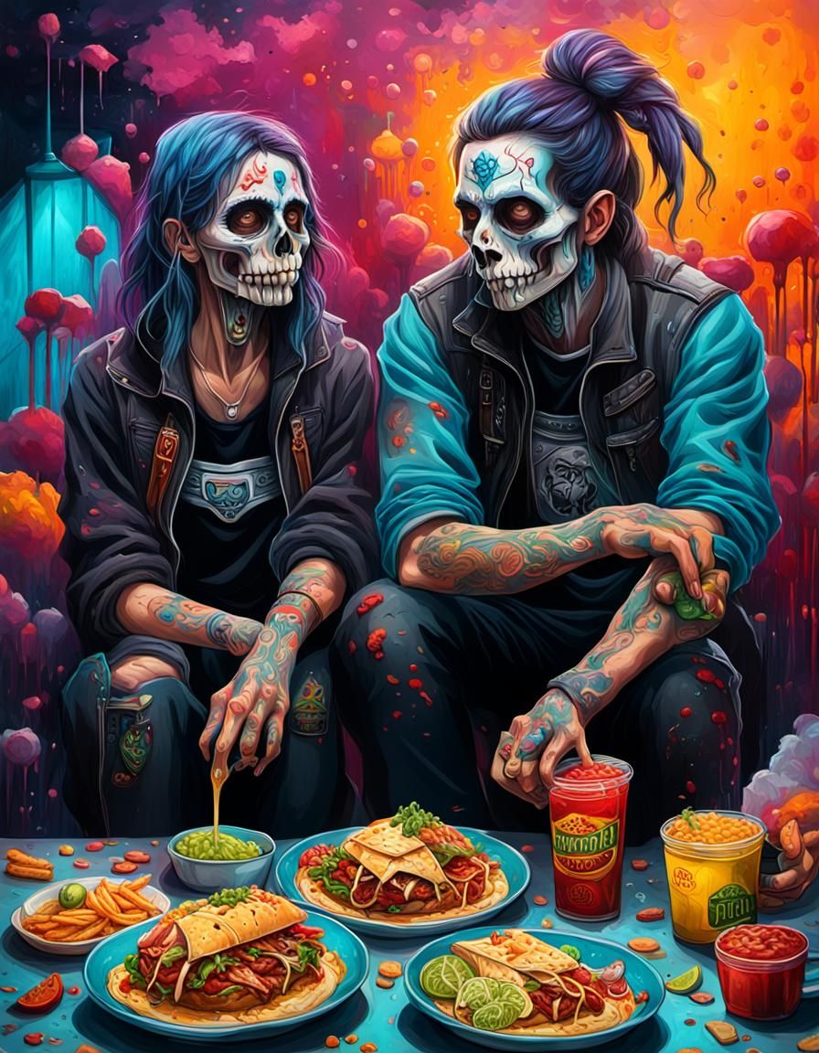 Gothic couple enjoying Mexican food graffiti art, splash art...