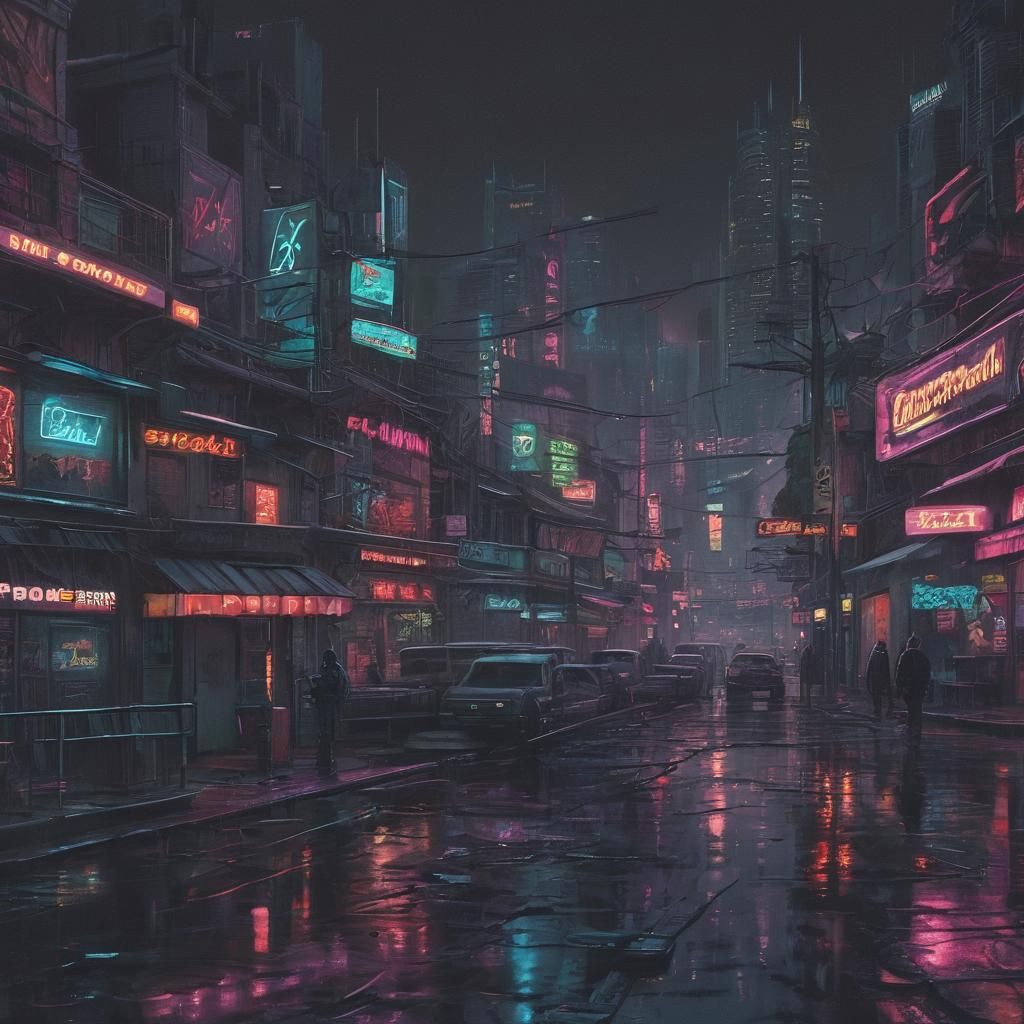 Impasto and neon for a film scene of a city at night, with n...